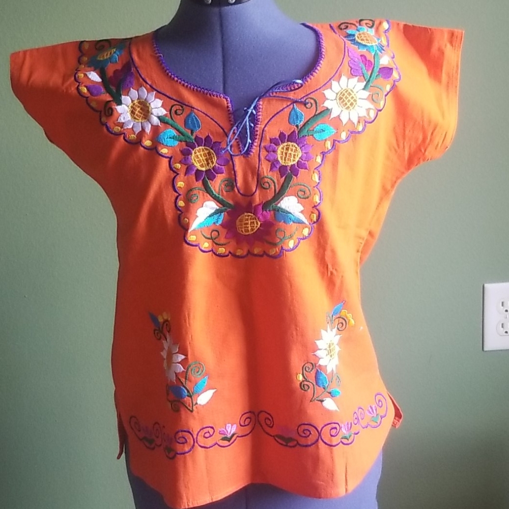 Mexican Embroidered Orange Blouse Small